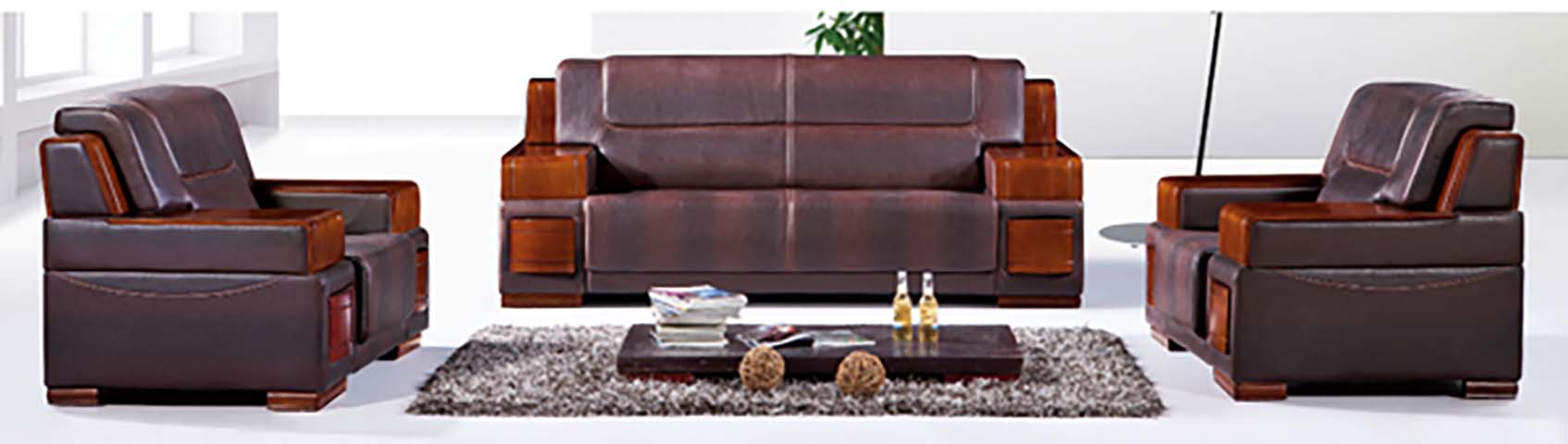 3+1+1 Dark Brown Upholstered Formal Sofa Set with Solid Wood Trim