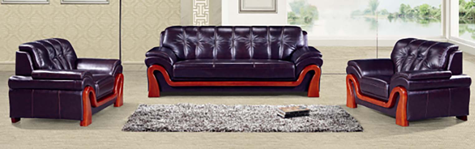3-Piece Dark Brown Upholstered Living Room Sofa Set with Curved Red Wood Accent Frames