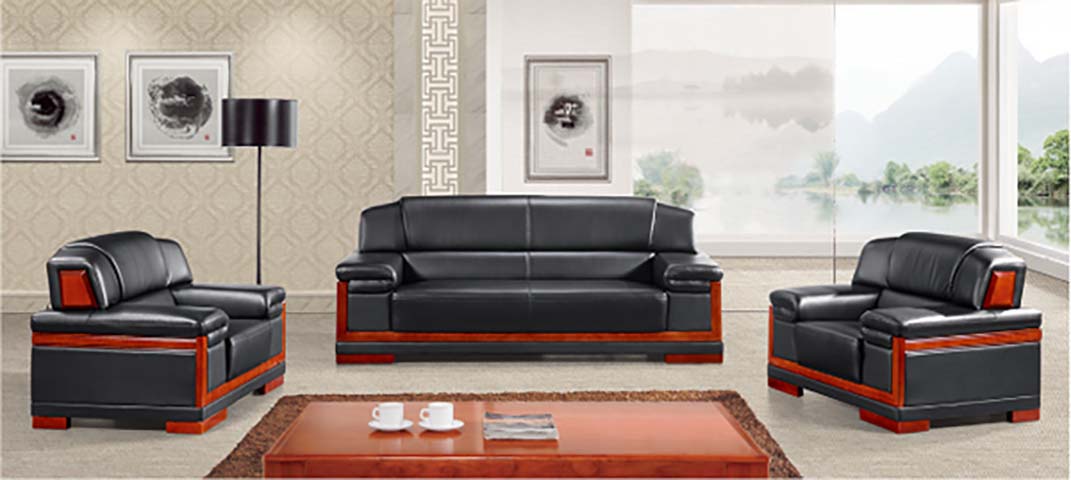 Black Faux Leather Office Reception Sofa Set with Coffee Table, 3+1+1 Seating Configuration