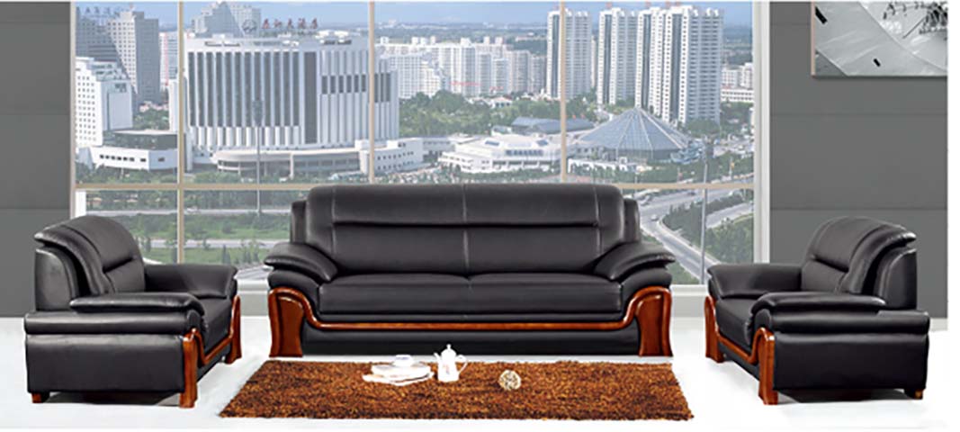 3-Piece Black Leather Executive Office Reception Sofa Set with Polished Wood Trim