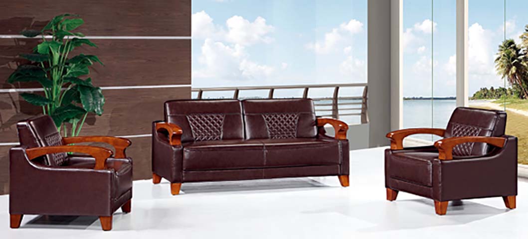 3-Piece Brown Faux Leather Wood Arm Office Reception Sofa Set