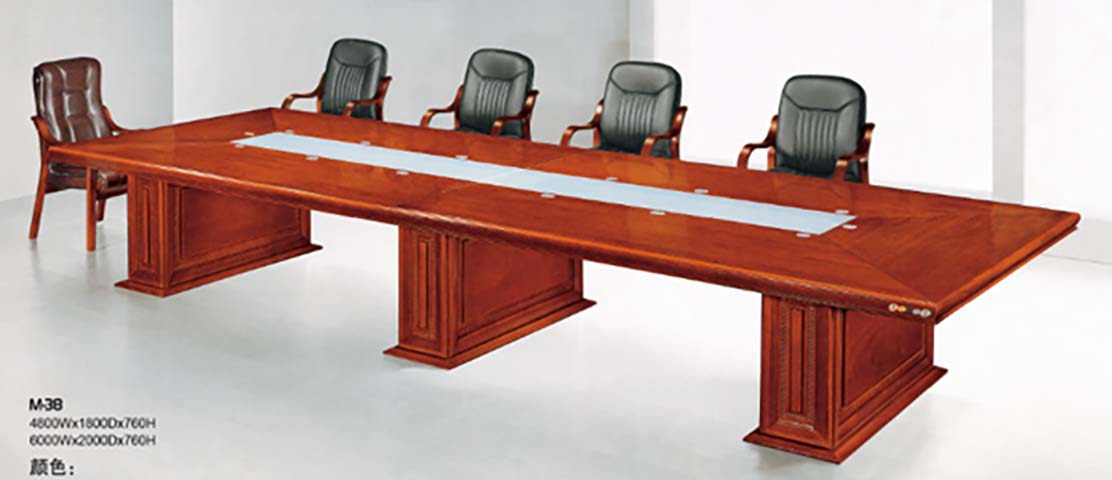 Large Traditional Red-Brown Veneer Formal Boardroom Conference Table with Central Cable Management