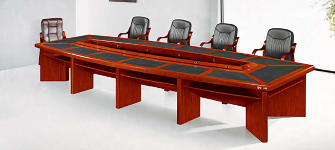 Large Boat-Shaped Cherry Veneer Boardroom Conference Table with Central Cable Trough and Inset Writing Pads