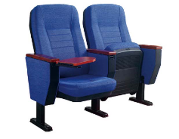 Ganged Fixed-Mount Blue Fabric Auditorium Chair with Fold-Out Wooden Writing Tablet