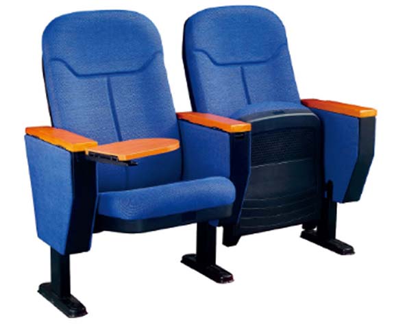 Ganged Blue Fabric Auditorium Chair with Retractable Writing Tablet, Two-Seat Fixed Floor-Mount Unit