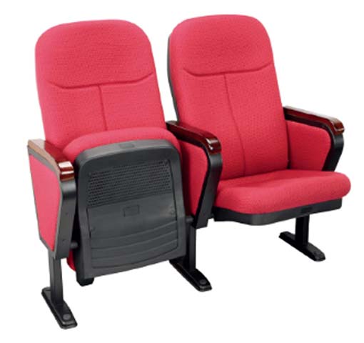 Two-Seat Ganged Fixed Floor-Mounted Red Fabric Auditorium Seating with Wood Armrests and Rear Folding Panel