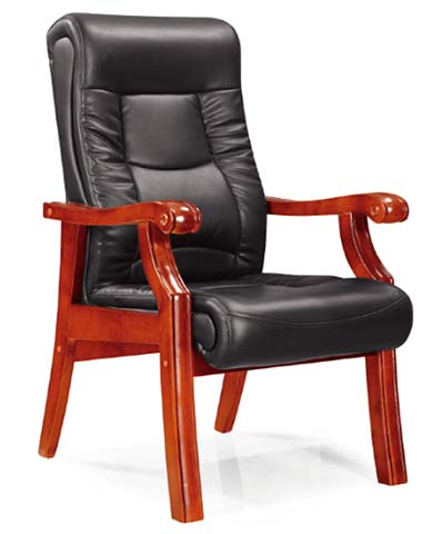 Fixed-Leg High-Back Black Leather Executive Conference Chair with Solid Red Wood Frame