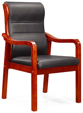 Red-brown Solid Wood Frame Black Padded Fixed-leg Conference Armchair