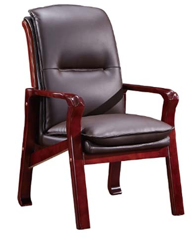 Mahogany-Stained Solid Wood Frame Dark Brown Leather Upholstered Stationary Conference Armchair
