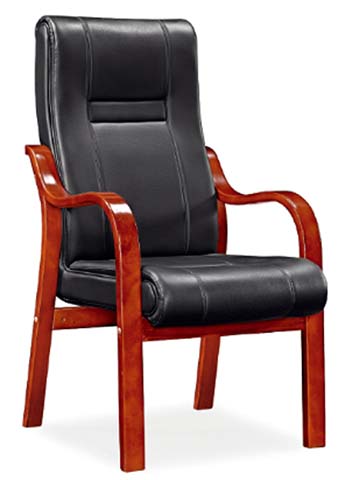 High-Back Black Leather Fixed Four-Leg Solid Wood Frame Conference Office Chair