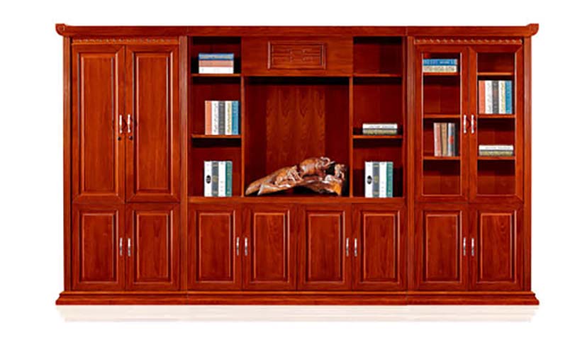 Traditional Red-Brown Solid Wood Executive Office Bookcase with Central Display Niche