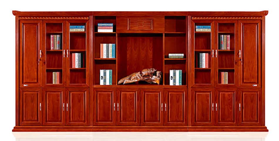 Traditional Red-Brown Solid Wood Executive Office Bookcase with Central Display Niche