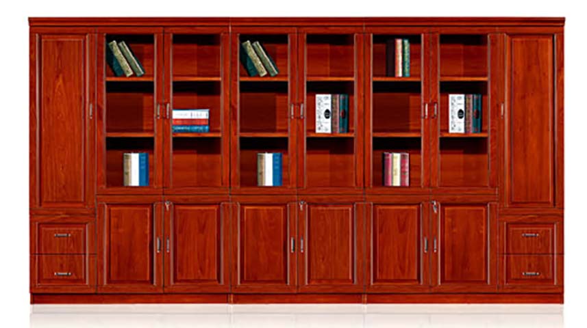 Red Walnut Veneer 8-Door Executive Office Bookcase with Glass Display Bays, Locked Lower Storage and Side Drawers