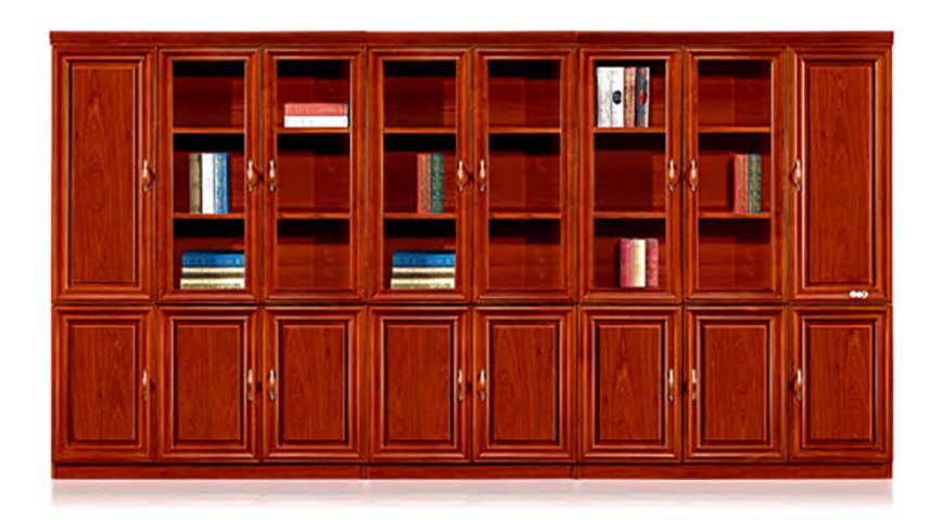 Traditional Multi-Bay Mahogany Finish Office Bookcase with Glass Upper Doors and Solid Lower Storage