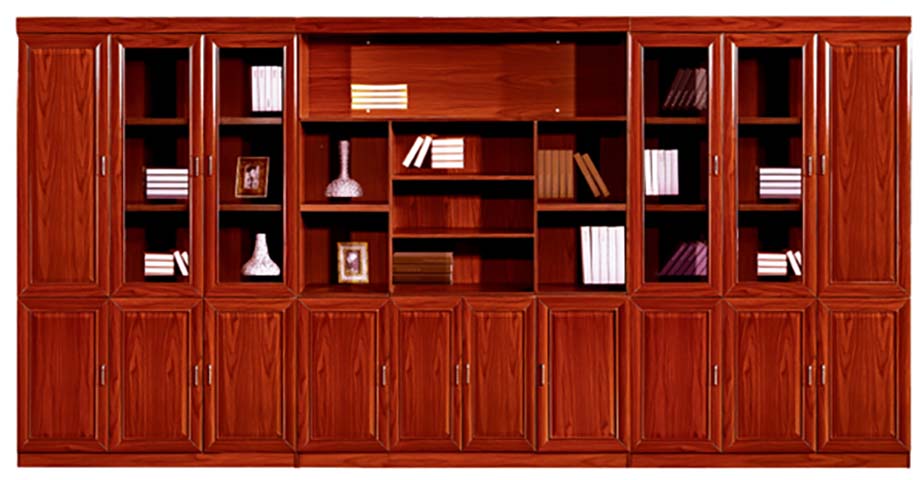 Walnut Veneer Large Executive Office Bookcase with Glass and Solid Doors