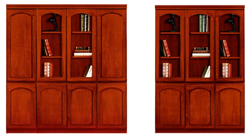 Traditional Reddish Brown Arched Panel Wooden Office Bookcase with Glass Upper Doors and Solid Lower Storage