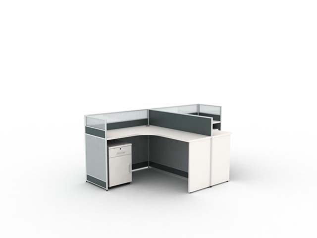 Single-seat L-shaped office workstation with partition panels and mobile pedestal