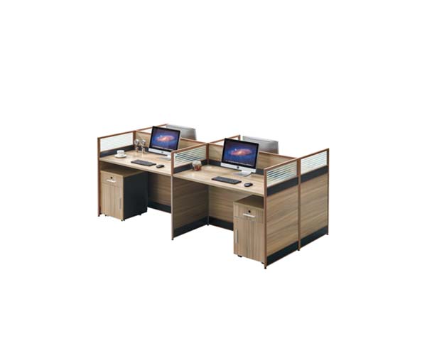 2-Person L-Shaped Walnut Grain Office Cubicle Workstation with Frosted Dividers and Mobile Pedestals