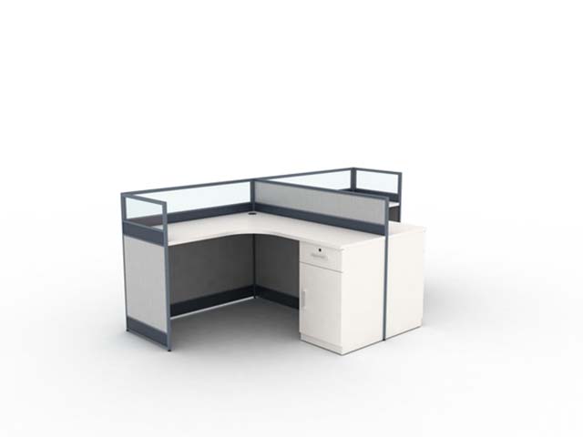 Single-Person L-Shaped Glass Partition Cubicle Workstation Desk with Integrated Lockable Storage