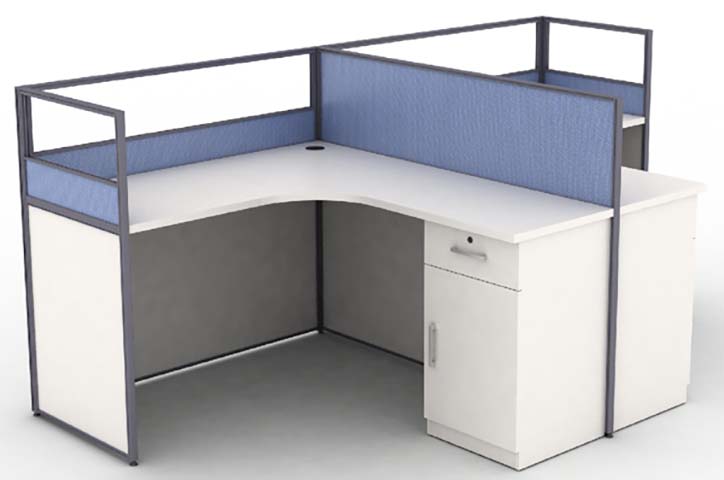Two-Seat L-Shaped Corner Office Cubicle Workstation with Blue Fabric Partitions and Integrated Lockable Storage Pedestals