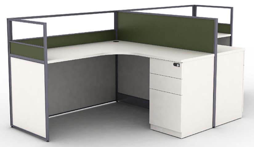Curved Corner Office Workstation Cubicle with Integrated 3-Drawer Pedestal and Partition Panels