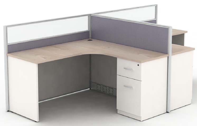 Single-Seat L-Shaped Office Cubicle Workstation with Frosted Glass Fabric Dividers and 2-Drawer Pedestal