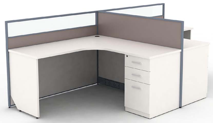 L-Shaped Cubicle Office Workstation with Integrated 3-Drawer Pedestal and Fabric-Glass Dividers