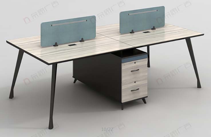 4-Person Face-to-Face Open Office Bench Workstation with Central Mobile Pedestal and Blue Privacy Dividers