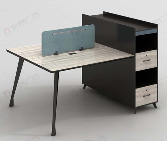 Two-Person L-Shaped Office Workstation with Side Storage Cabinet and Blue Privacy Divider