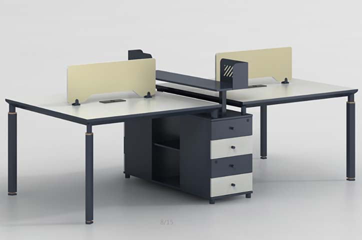 Two-Person Face-to-Face L-Shaped Modular Office Workstation with Central Storage Pedestal and Privacy Dividers