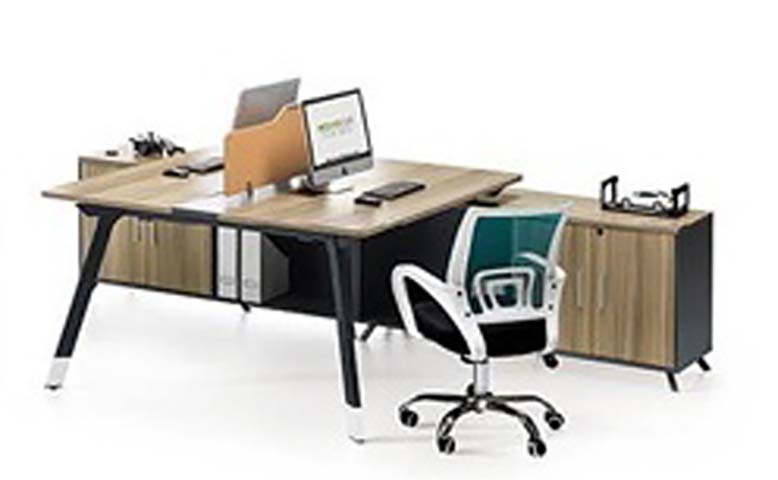 Two-Person L-Shaped Office Workstation with Integrated Side Storage and Privacy Divider