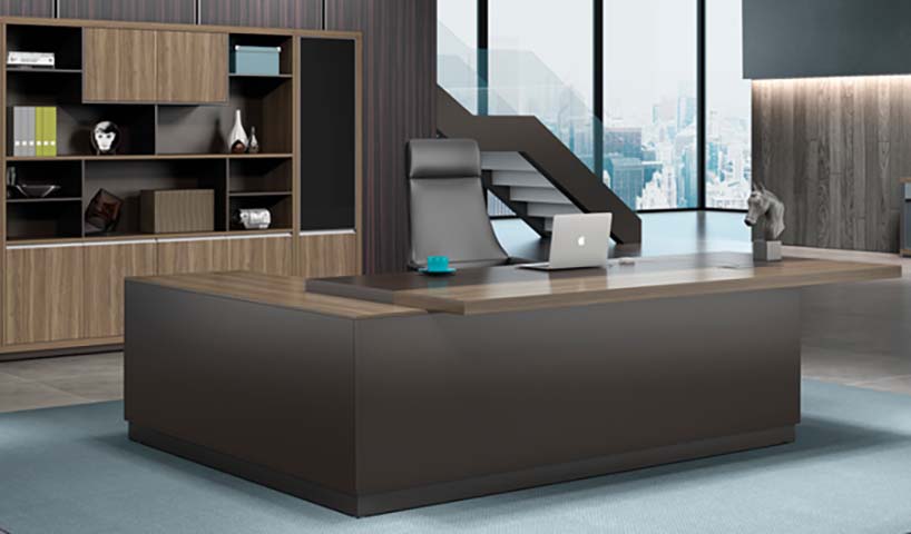 L-Shaped Two-Tone Executive Office Desk with Solid Box Base