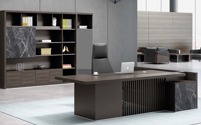 L-Shaped Executive Office Desk with Side Pedestal and Vertical Slat Modesty Panel