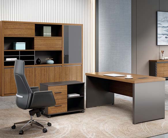 Two-Tone Walnut-Grey Closed-Base Executive Office Desk with Matching Storage Suite