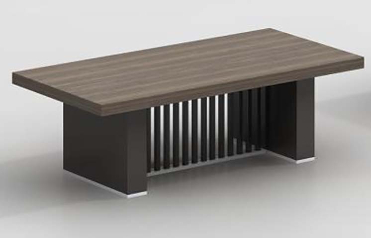 Modern Rectangular Woodgrain Coffee Table with Dual Block Pedestals and Vertical Slat Panel