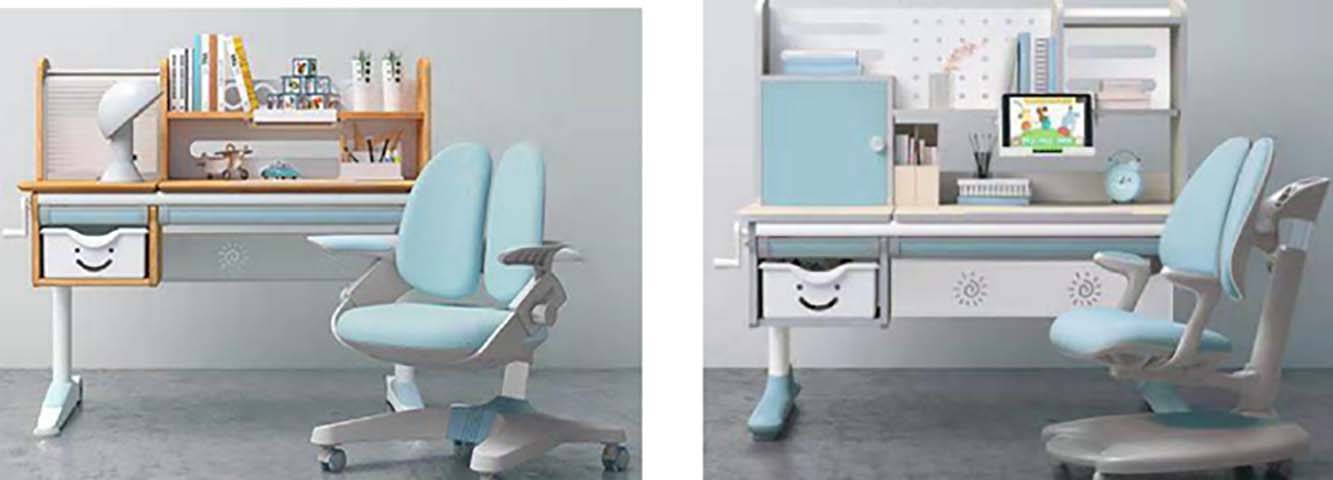 Manual Crank Height-Adjustable Children's Study Desk and Ergonomic Chair Set with Attached Bookshelf and Smiley-Face Drawer