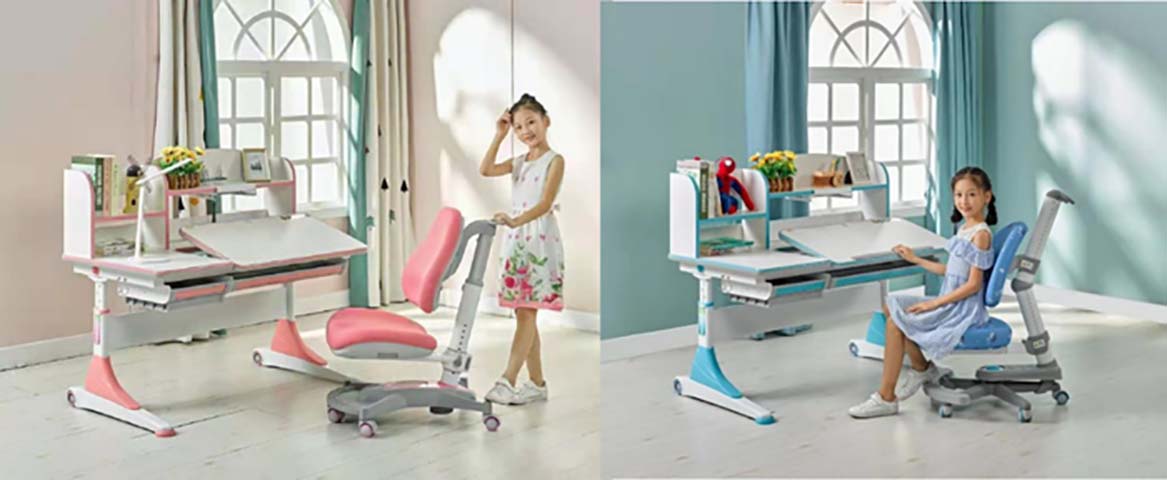 Height-Adjustable Children's Study Desk with Tilt Tabletop, Attached Bookshelf, Pull-Out Drawer and Matching Ergonomic Chair