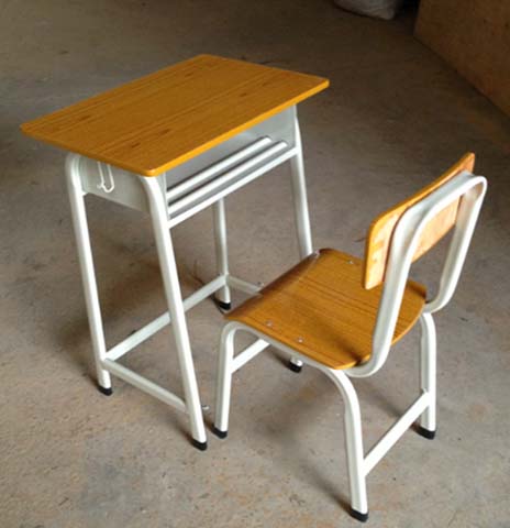 Fixed-Frame Single Student Desk and Chair Set, Light Wood Grain with Silver Steel Frame