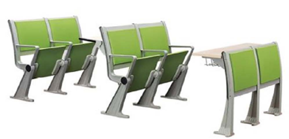 Fixed Ganged Tilting Lecture Hall Seating with Side Writing Tablet, Green Upholstery, Aluminum Frame