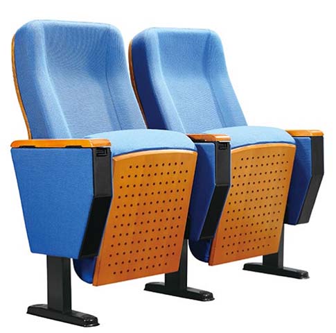 Ganged Floor-Mounted Blue Fabric Auditorium Chair with Perforated Wood Panels