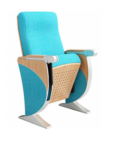 Turquoise Fabric Fixed Auditorium Chair with Perforated Wood Side Panels and Retractable Writing Tablet