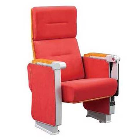 Fixed Floor-Mounted Red Upholstered Auditorium Chair with Wood Armrests