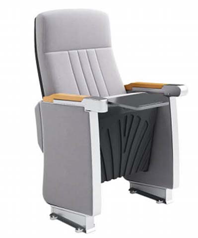 Fixed Floor-Mounted Fabric Auditorium Chair with Foldable Writing Tablet and Wooden Armrests