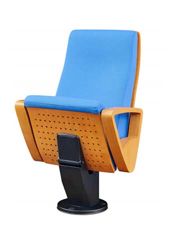Fixed Floor-Mounted Auditorium Chair with Tip-Up Blue Fabric Seat, Bentwood Components and Single Pedestal Base