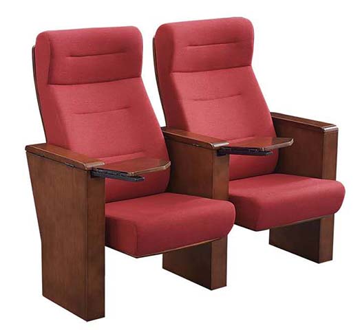 Two-Seat Ganged Fixed Auditorium Chair with Fold-Out Writing Tablet, Red Fabric Upholstery