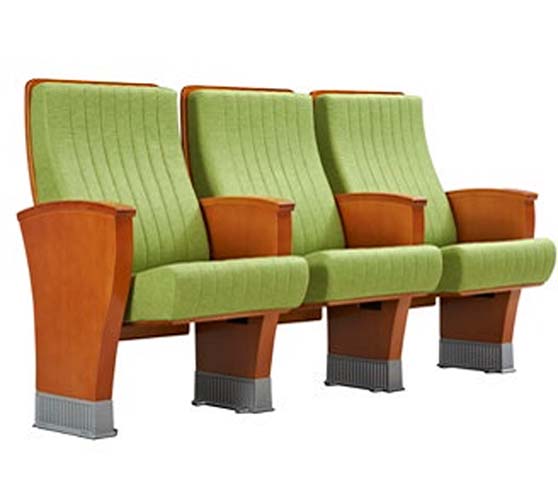 3-Seat Ganged Wood Frame Green Fabric Fixed Auditorium Seating