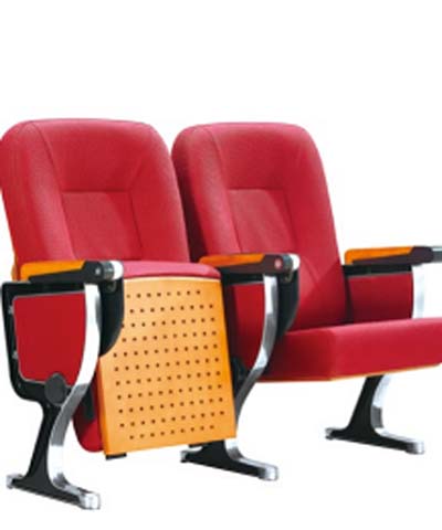 Red Upholstered Ganged Floor-Mounted Auditorium Chair with Perforated Wood Divider