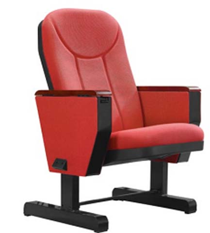 Red Upholstered Fixed Ganged Auditorium Chair with Wood Arm Caps