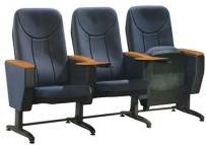 3-Seat Fixed Ganged Auditorium Chair with Retractable Writing Tablet and Wood Armrests