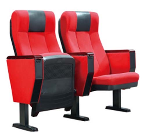 Ganged Red-Black Floor-Mounted Auditorium Chair with Tip-Up Seat